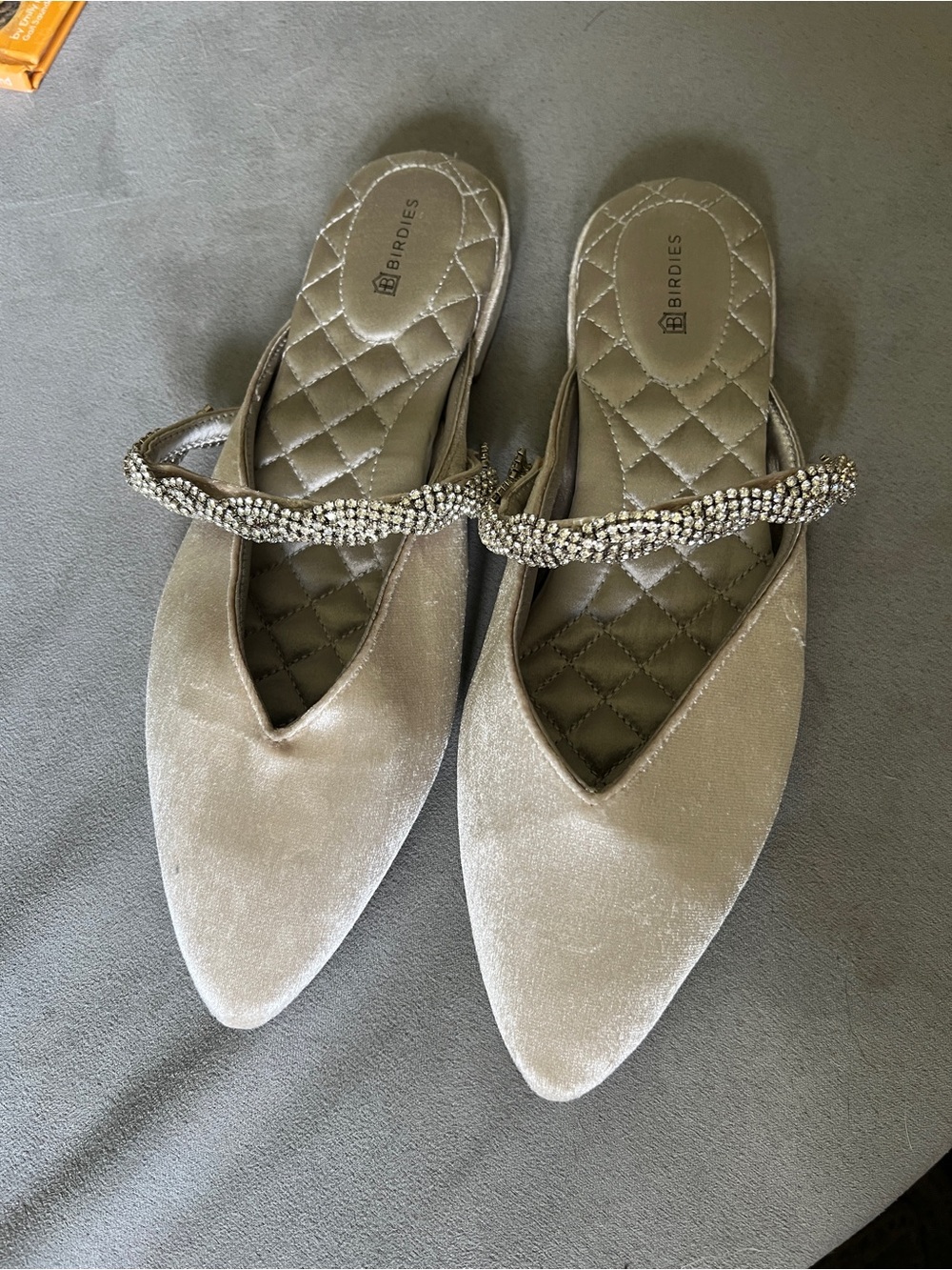 Birdies Taupe Velvet Pointed Mules with Crystal Strap